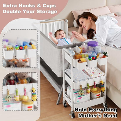 3 Tier Rolling Cart Metal with Wheels, White Three Tiered Craft Cart Organizer on Wheels, Storage Utility Carts for Art, Baby Nursery,Diaper Caddy, Cleaning Supplies, Nail,Lash,Snack,Book,Roller Shelf
