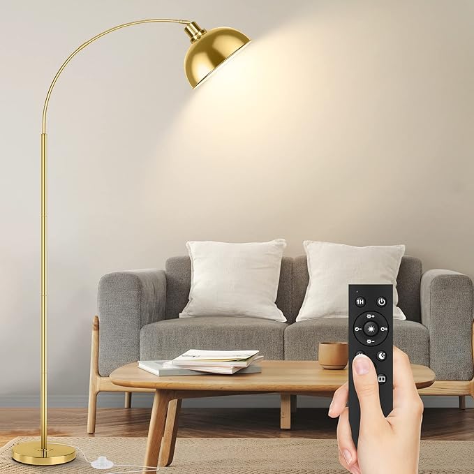 Arc Floor Lamps for Living Room, Modern Tall Standing Lamp Remote Control,Stepless Dimmable Gold Floor Lamp with Hanging Dome Shade, Over Couch Arched Reading Lamp for Bedroom, Office (Bulb Included)