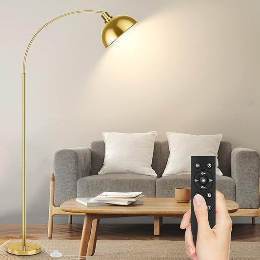 Arc Floor Lamps for Living Room, Modern Tall Standing Lamp Remote Control,Stepless Dimmable Gold Floor Lamp with Hanging Dome Shade, Over Couch Arched Reading Lamp for Bedroom, Office (Bulb Included)