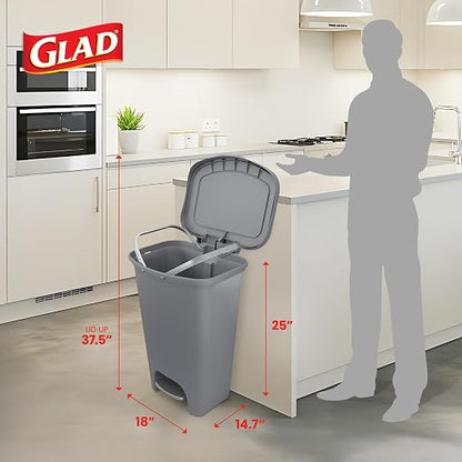 Glad 13 Gallon Trash Can with Clorox Odor Protection | Plastic Kitchen Waste Bin | Hands Free with Step On Foot Pedal and Garbage Bag Rings, Grey