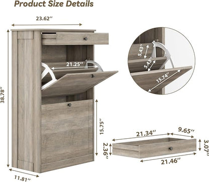 FTZxHKLX Shoe Cabinet with 2 Flip Drawers, Narrow Freestanding Shoe Storage Organizer, Slim Wooden Hidden Shoe Rack for Front Door Entrance, Closet, Hallway, Living Room, Rustic Gray