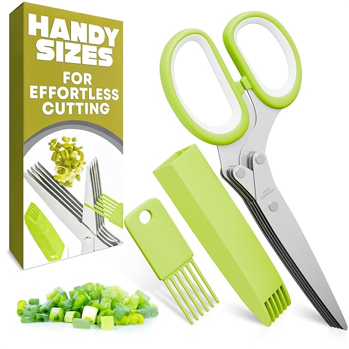 Herb Scissors with 5 Blades and Cover - Mince Fresh Cilantro, Parsley, Scallion, Chives & Dill in Seconds for Salad, Pasta, Tacos & Daily Meal Prep - Stainless Steel Herb Cutter with Cleaning Brush