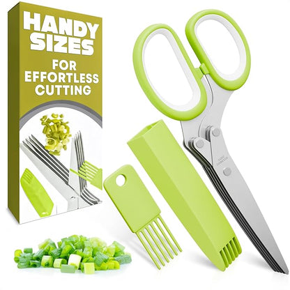 Herb Scissors with 5 Blades and Cover - Mince Fresh Cilantro, Parsley, Scallion, Chives & Dill in Seconds for Salad, Pasta, Tacos & Daily Meal Prep - Stainless Steel Herb Cutter with Cleaning Brush