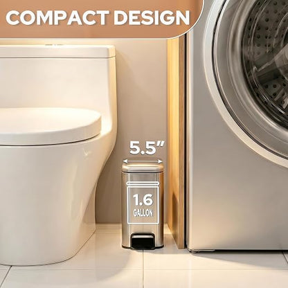 Small Bathroom Trash Can w/Lid Soft Close, 6 Liter/1.6 Gallon Stainless Steel Garbage Can w/Inner Bucket, Trash Bin Waste Basket for Kitchen, Bedroom, Living Room, Office, Toilet, Silver