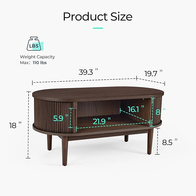 LINSY HOME Oval Coffee Table, Wood Coffee Table with Storage, Fluted Accent Center Table with Sliding Tambour Door, 39" Mid Century Modern Coffee Tables for Living Room, Bedroom, Apartment, Walnut
