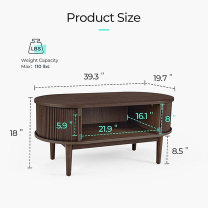 LINSY HOME Oval Coffee Table, Wood Coffee Table with Storage, Fluted Accent Center Table with Sliding Tambour Door, 39" Mid Century Modern Coffee Tables for Living Room, Bedroom, Apartment, Walnut