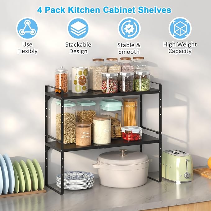15.5 to 25.5 Inch Kitchen Cabinet Shelf Organizers, Adjustable Kitchen Counter Shelf Organizer, Set of 4 Expandable Countertop Storage Shelves, Stackable Design, 30LBS Heavy Duty, Space Saver