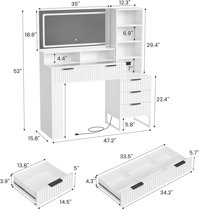 HAIOOU Makeup Vanity Desk with Mirror and Lights, 47.3''x 15.8''x 52'' White Fluted Vanity Desk with Charging Station, Glass Top Vanity Table with 4 Drawers & 3 Open Storage Shelves for Bedroom