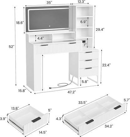 HAIOOU Makeup Vanity Desk with Mirror and Lights, 47.3''x 15.8''x 52'' White Fluted Vanity Desk with Charging Station, Glass Top Vanity Table with 4 Drawers & 3 Open Storage Shelves for Bedroom