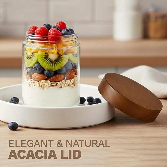 Bumobum 16 oz Overnight Oats Containers with Lids, Glass Mason Jars with Acacia Wood Airtight Lid, Wide Mouth Glass Canisters for Food Storage Chia Pudding Snacks Yogurt Spice Meal Prep, 12-Pack