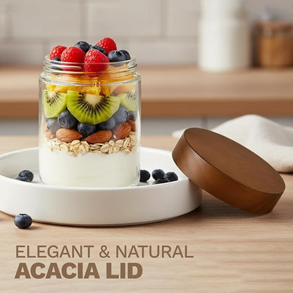 Bumobum 16 oz Overnight Oats Containers with Lids, Glass Mason Jars with Acacia Wood Airtight Lid, Wide Mouth Glass Canisters for Food Storage Chia Pudding Snacks Yogurt Spice Meal Prep, 6-Pack