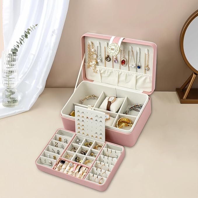 Earring Organizer for Women, 2 Layer Large Jewelry Box with Mirror, Handmade Gift Card and Wrapping Paper, PU Leather Jewellery Holder with Removable Tray for Birthday Wedding Gift,Pink