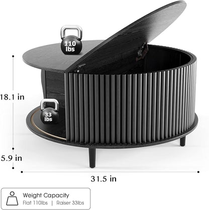 Round Coffee Table with Storage, 31.5" Modern Coffee Table with Sliding Door & Solid Wood Legs, Minimalist Fluted Center Table for Living Room, Home Small Space, Black