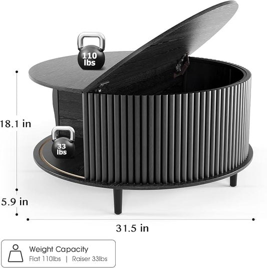 Round Coffee Table with Storage, 31.5" Modern Coffee Table with Sliding Door & Solid Wood Legs, Minimalist Fluted Center Table for Living Room, Home Small Space, Black