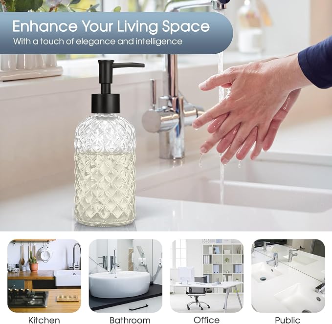 Topsky Gem Glass Soap Dispenser with Black Plastic Pump, 13oz Liquid Hand Soap Dispenser, Rustproof Pump for Kitchen & Bathroom, Great for Lotions, Essential Oil, Liquid Soaps-Clear