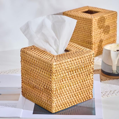 Hand-Woven Rattan Tissue Box Cover, Square Wicker Tissue Holder, Natural Woven Facial Napkin Holder