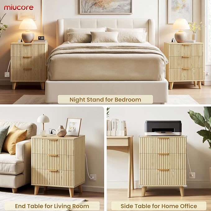 Fluted nightstands Set of 2, 20 inch Modern Nightstand with Charging Station Wood Bedside End Table with 3 Large Storage Drawers, Tall Side Table for Bedroom Sofa Office Oak Natural