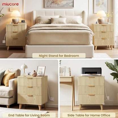 Fluted nightstands Set of 2, 20 inch Modern Nightstand with Charging Station Wood Bedside End Table with 3 Large Storage Drawers, Tall Side Table for Bedroom Sofa Office Oak Natural