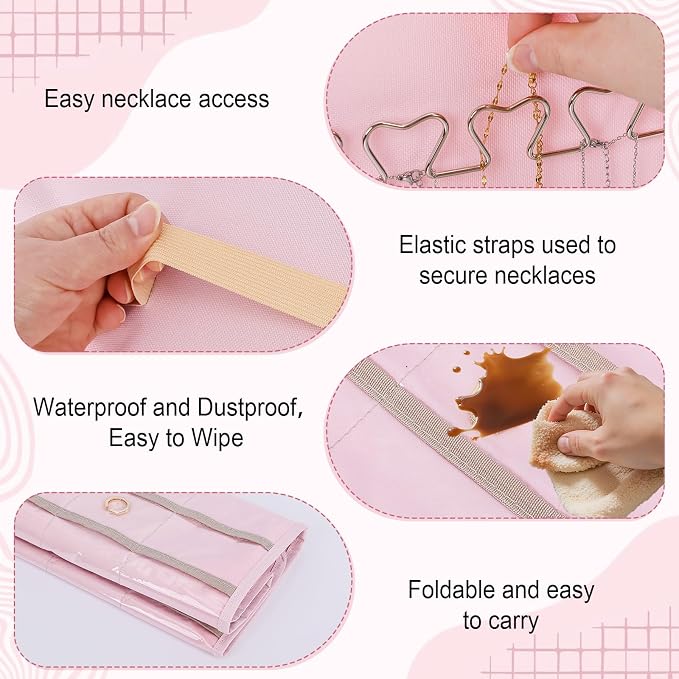 Dynoro Double-Sided Hanging Jewelry Organizer, Large Pink Storage Roll for Earrings, Necklaces, Rings, 48 Pockets 21 Hooks, Durable Oxford Fabric for Closet, Wall, Door, 1 piece, Jewelry Not Included