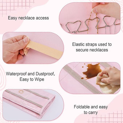 Dynoro Double-Sided Hanging Jewelry Organizer, Large Pink Storage Roll for Earrings, Necklaces, Rings, 48 Pockets 21 Hooks, Durable Oxford Fabric for Closet, Wall, Door, 1 piece, Jewelry Not Included