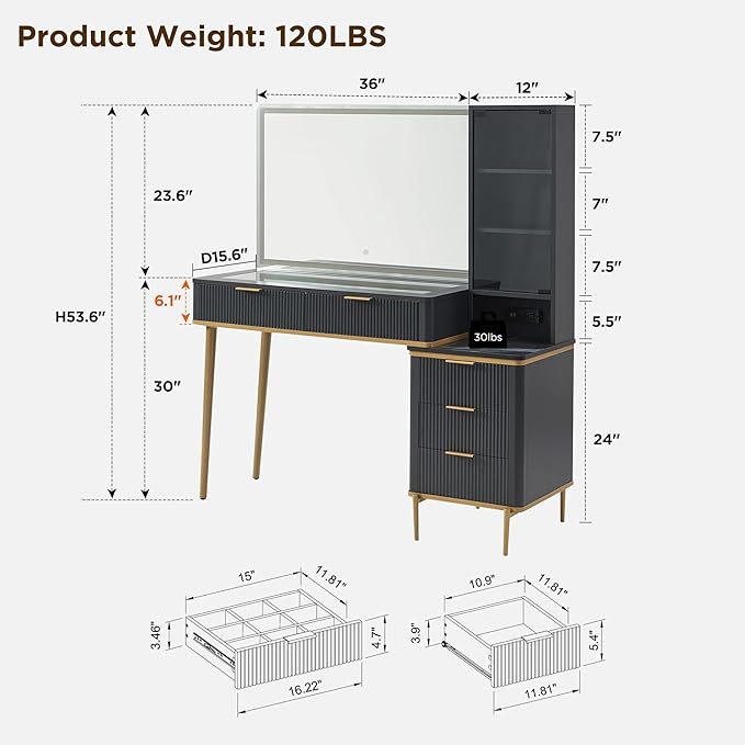 T4TREAM Fluted Makeup Vanity Desk with 36" HD Lighted Mirror, 48" Big Modern Vanity Desk with Mirror and Lights, Dressing Table with 5 Drawers & Shelves, Glass Top for Bedroom, Dark Grey