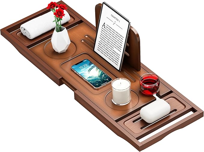 Premium Bamboo Bathtub Tray Caddy - Bath Tub Tray Table for Bathtub - Bath Caddy Tray for Bathtub, Expandable Size, Fits Most Bath Tubs