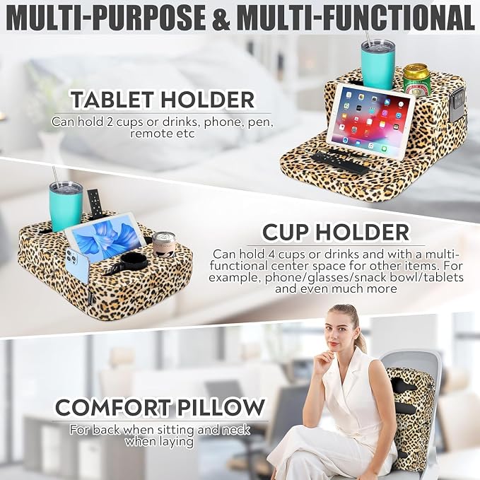 TabCouchCaddy - Couch Cup Holder Tray Pillow - Bed, Couch Caddy, Sofa, RV & Car - Holds Drinks, Snacks, Remotes, Phones, Kindle, Tablet | Bed Cup Holder (Leopard)