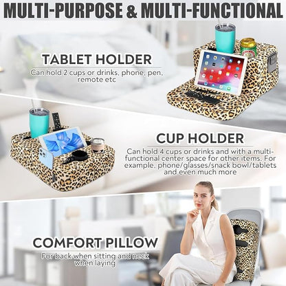TabCouchCaddy - Couch Cup Holder Tray Pillow - Bed, Couch Caddy, Sofa, RV & Car - Holds Drinks, Snacks, Remotes, Phones, Kindle, Tablet | Bed Cup Holder (Leopard)