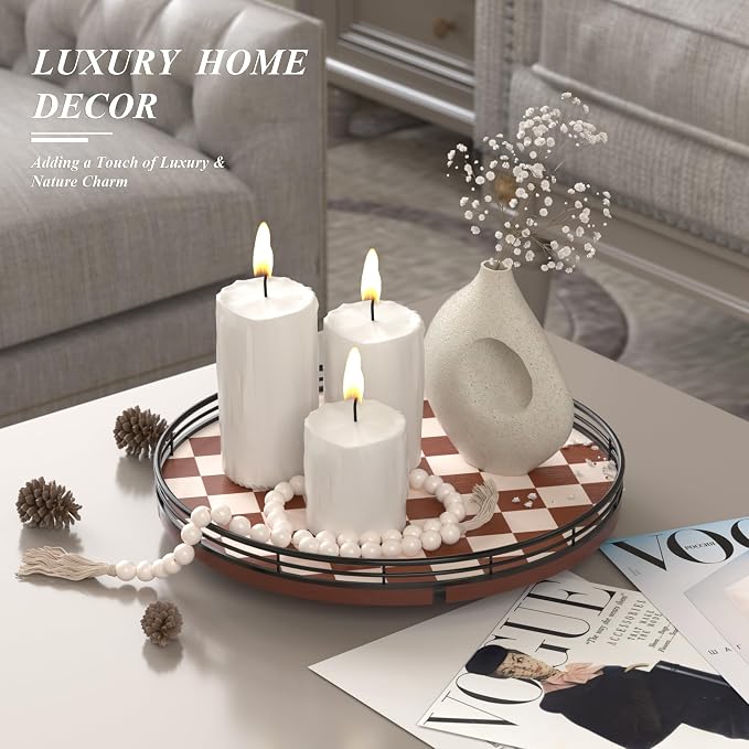 Brown Checkered Lazy Susan Decorative Tray, 12 Inch Round Rotating Tray with Black Metal Rail, Wood Turntable for Coffee Table Decor, Dining Table Centerpiece, Candle and Vase Display