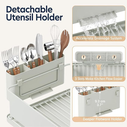 Dish Drying Rack Large Capacity - Stainless Steel Dish Rack for Kitchen Counter with Drain Board, Rustproof Dish Drainer with Auto Drain Spout, Utensil Holder & Glass Holder, Dinnerware Organizer