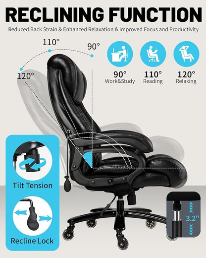 800lbs Executive Chairs, Executive Office Chairs for Big and Tall with Adjustable Lumbar Support, Office Chair for Heavy People, Leather Desk Chairs with Quiet Rubber Wheel and Extra Wide seat