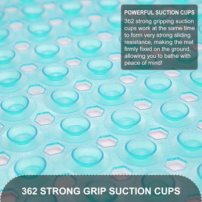 TEESHLY Bath Tub and Shower Mats, Non Slip 40 x 16 Inch Extra Large Bathtub Mat, Machine Washable Bathmat with Drain Holes, Suction Cups for Bathroom Floor, Clear Turquoise