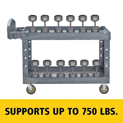 Rubbermaid Commercial Products BRUTE Heavy Duty 2-Shelf Utility/Service Cart, Large, Lipped Shelves, Ergonomic Handle, 750 lbs. Capacity, Black, for Warehouse/Garage/Cleaning/Maintenance/Stadiums