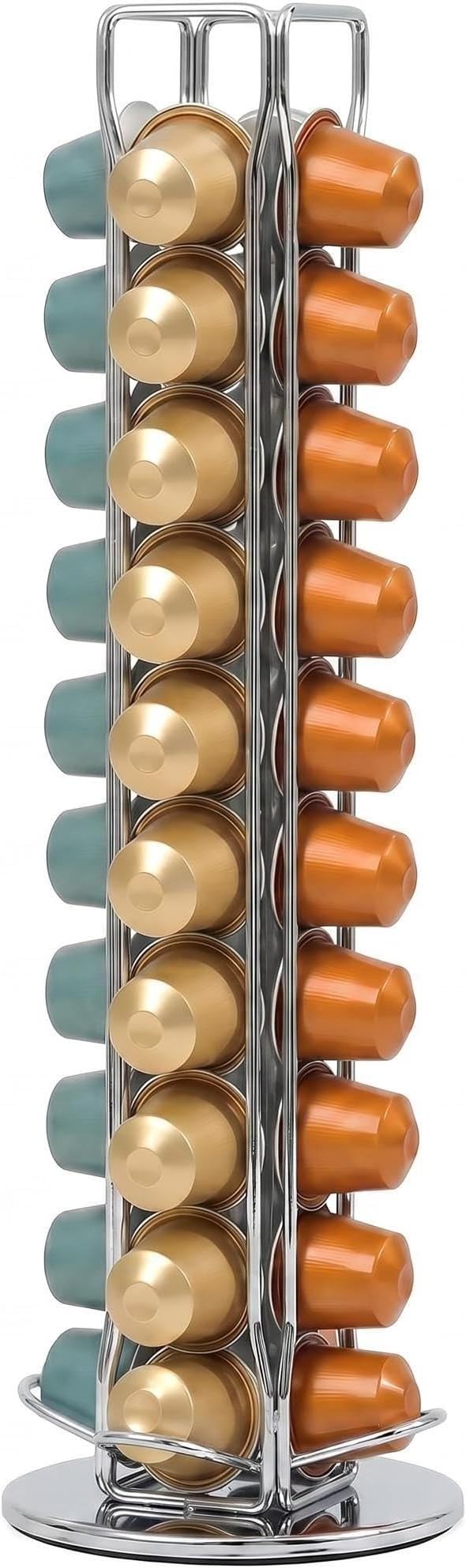 Rotating Coffee Pod Holder for Nespresso OriginalLine, 360° Swivel Coffee Capsule Carousel Storage Organizer for 40 Capsules, Compact Vertical Nespresso Capsule Stand Fits Countertop & Coffee Bar, Silver