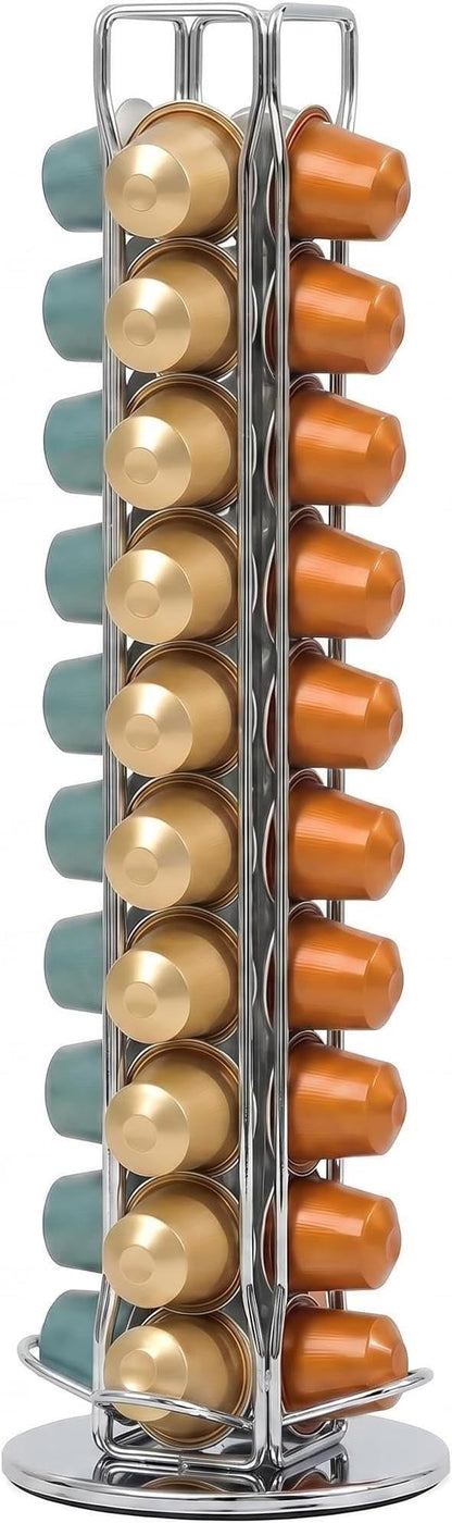 Rotating Coffee Pod Holder for Nespresso OriginalLine, 360° Swivel Coffee Capsule Carousel Storage Organizer for 40 Capsules, Compact Vertical Nespresso Capsule Stand Fits Countertop & Coffee Bar, Silver