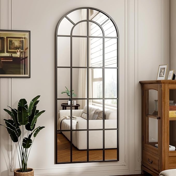 24"×65" Windowpane Arched Full Length Mirror, Grid-Designed Decorative Farmehouse Full Body Floor Mirror with Metal Frame Hanging Leaning for Entryway, Living Room, Home Decor, Black
