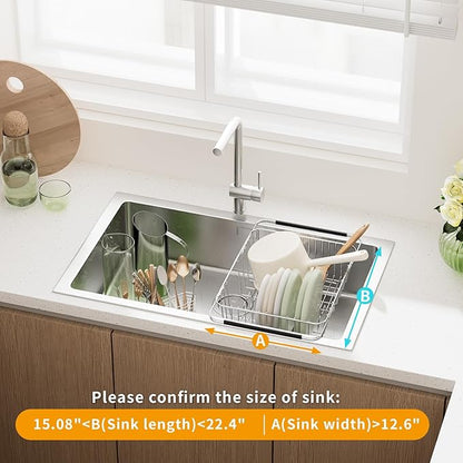 JAQ Dish Drying Rack in-Sink, 304 Stainless Steel Dish Drainer with Stainless Steel Silverware Holder Over Inside Sink-Adjustable 15.08" to 22.4" Maximium 13 Upright Dishes