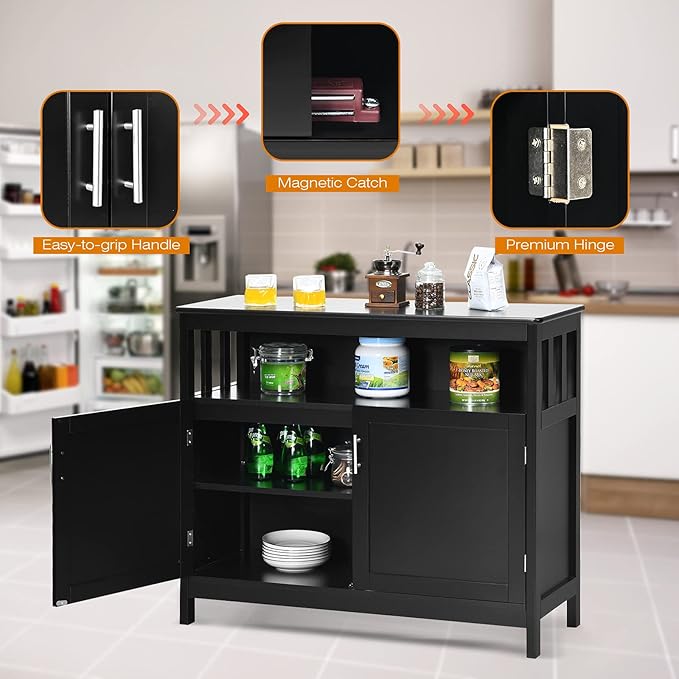 Giantex Kitchen Buffet Sideboard, Wooden Storage Server Cupboard Cabinet, Dining Room Living Room Bar Furniture 2-Door Console Table w/ 5-Position Adjustable Shelf & Open Shelf Drawer Cabinets (Black)