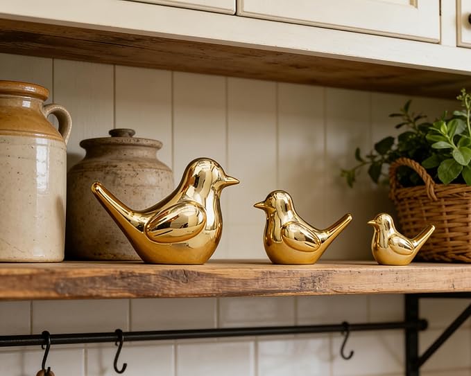 Artconal Small Gold Bird Statue Ceramic 2-Piece Set, 3¾ inch Cute Knick Knack for Home Office Shelf Desk Decor