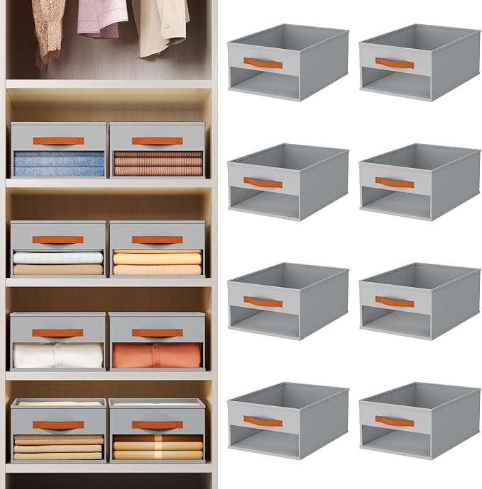 Homsorout Drawer Organizers and Storage - 8 Pack Foldable Pants Organizer with Clear Window & Handles, Fabric Closet Organizer for Clothes, Jeans, Sweaters, Towels, T-shirt, Scarf (Grey)