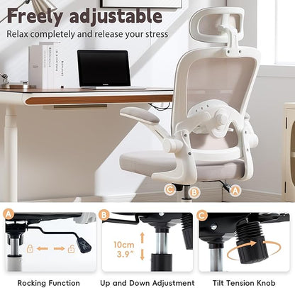 Ergonomic Office Chair with 3D Adjustable Lumbar Support, Mesh High Back, 75° Rotating Headrest, Rocking Function, 300lbs Capacity, Black/White (White)