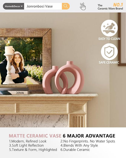 Set of 2 Pink Ceramic Vases for Home Decor Accents - Unique Hollow Donut Artistic Design Coquette Feminine Style Decorative Vases for Shelf, Mantel, Entryway Table Decor (Matte Pink)