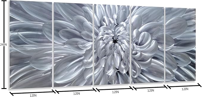 YHSKY ARTS Silver Floral Metal Wall Art - Hand Crafted 5 Piece Aluminum Sculpture Set for Living Room and Bedroom Decor