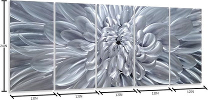 YHSKY ARTS Silver Floral Metal Wall Art - Hand Crafted 5 Piece Aluminum Sculpture Set for Living Room and Bedroom Decor