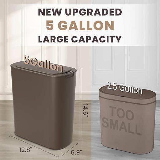 Cesun Bathroom Trash Can with Lid, 5 Gallon Motion Sensor Trash Can, Small Automatic Garbage Can, Touchless Smart Plastic Slim Wastebasket for Bedroom, Office, rv, Living Room, Brown