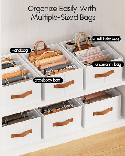 Homsorout Purse Organizer for Closet, Fabric Handbag Storage Organizer with Handles, Foldable Bag Organizer Drawer for Flat Handbags, Clothes, Towels or Pants, Closet Storage Organizer, White, 6 Pack