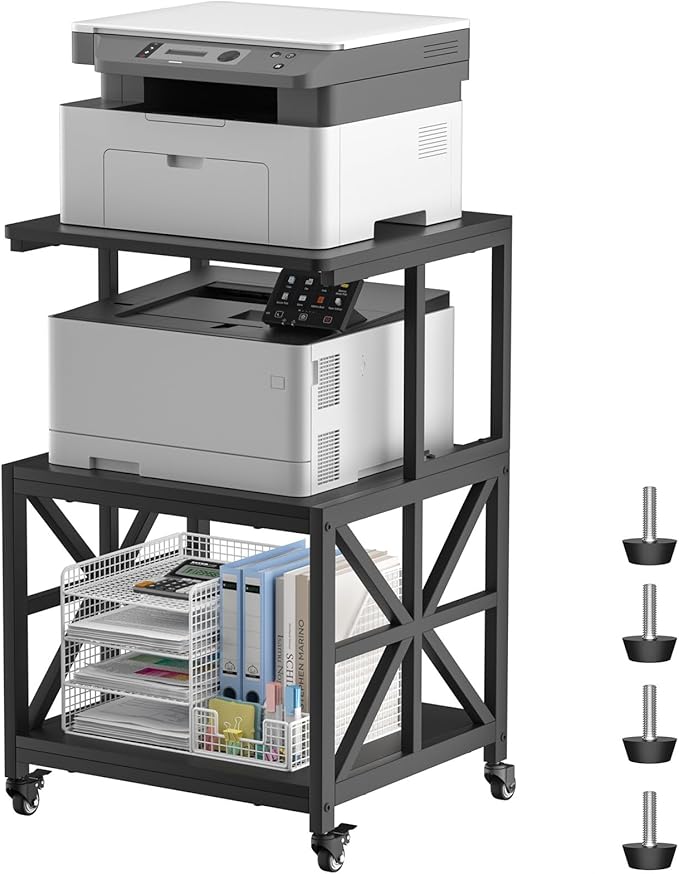 GreenForest Printer Stand with Lockable Wheels, Heavy Duty Printer Table | 3-Tier Storage Shelf, Fit 2-3 Printers/3d/Heat Press/Laser, Rolling Cart for Home Office, Small Spaces, 19.7"x17.7", Black