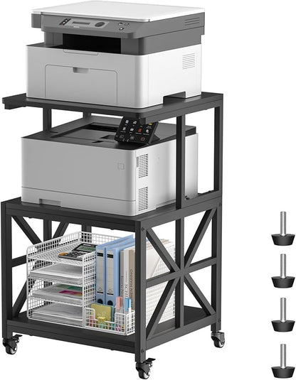 GreenForest Printer Stand with Lockable Wheels, Heavy Duty Printer Table | 3-Tier Storage Shelf, Fit 2-3 Printers/3d/Heat Press/Laser, Rolling Cart for Home Office, Small Spaces, 19.7"x17.7", Black