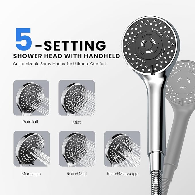Wide Rain Shower Head With 5 Modes Handheld Showerheads, High Pressure Showerhead Combo with Extension Arm for Bathroom Accessories, Adjustable Shower Head with Anti-Clog Nozzles (Chrome)