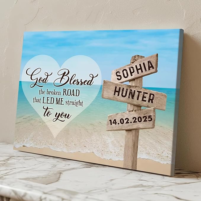 Love Signal Personalized Couple Canvas Wall Art, Custom Valentines Day, Anniversary, Wedding, Birthday Gift for Couples, Husband, Wife Customizable Name and Photo Wall Decor for Bedroom Living Room